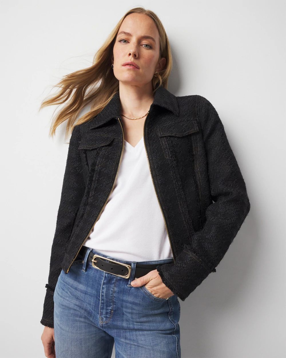 Petite Cropped Tweed Trucker Jacket