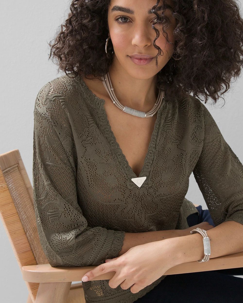 Pointelle Stitch 3/4 Sleeve Sweater