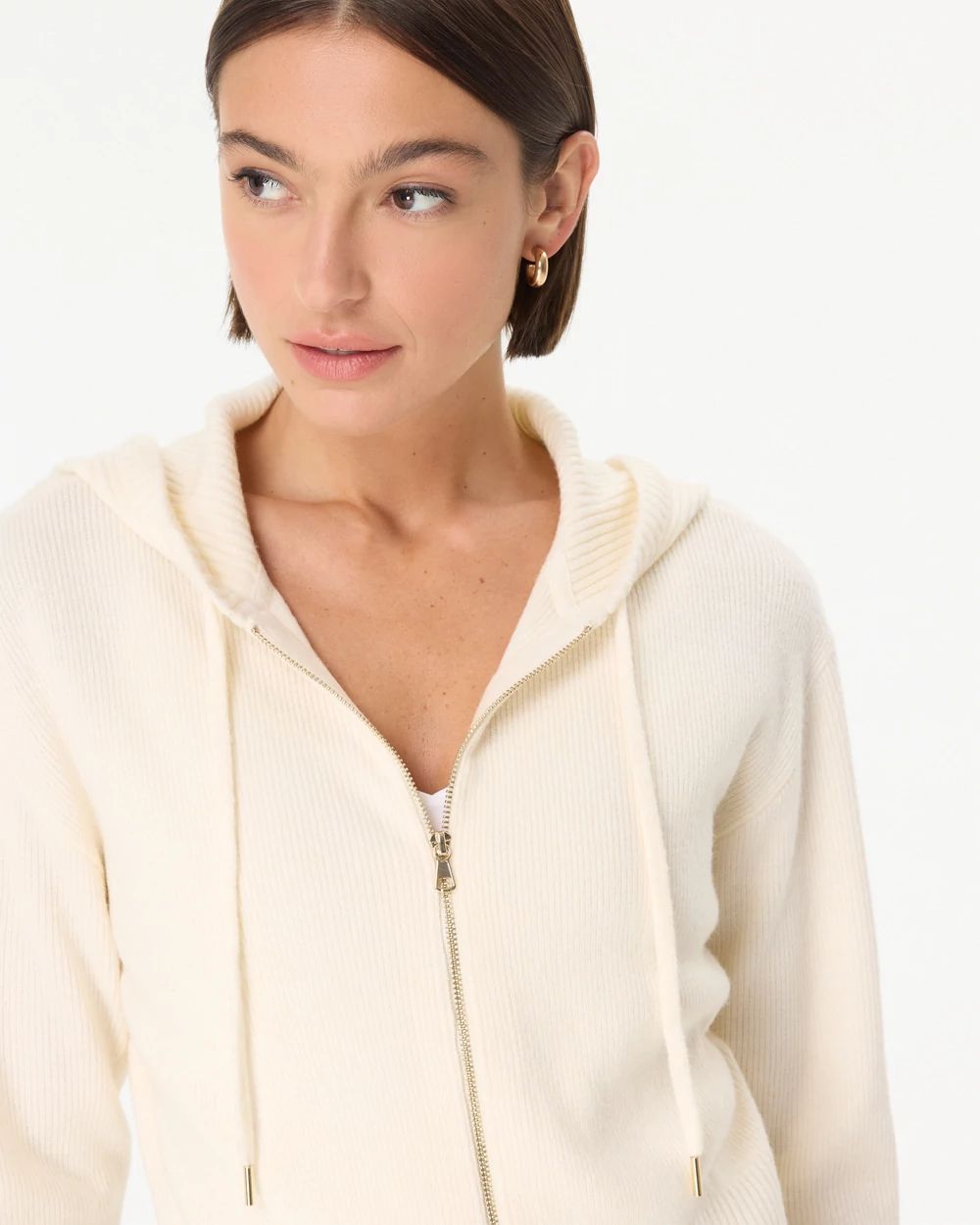 Rib Knit Zip Hooded Sweater Jacket click to view larger image.