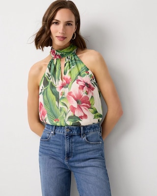 Chiffon Tie-Neck Keyhole Halter Top