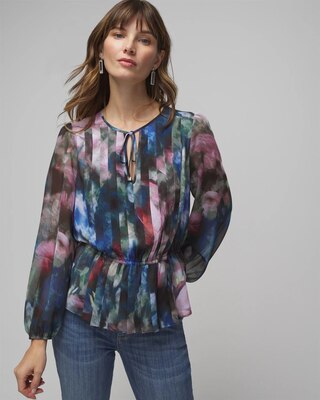 Long Sleeve V-Neck Pleated Chiffon Blouse