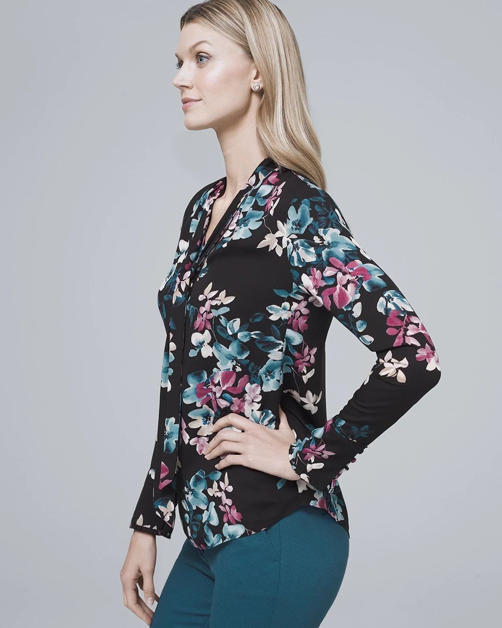 Floral-Print Tie-Neck Blouse