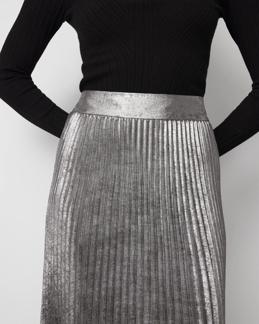 Pleated Chiffon Metallic Midi Skirt