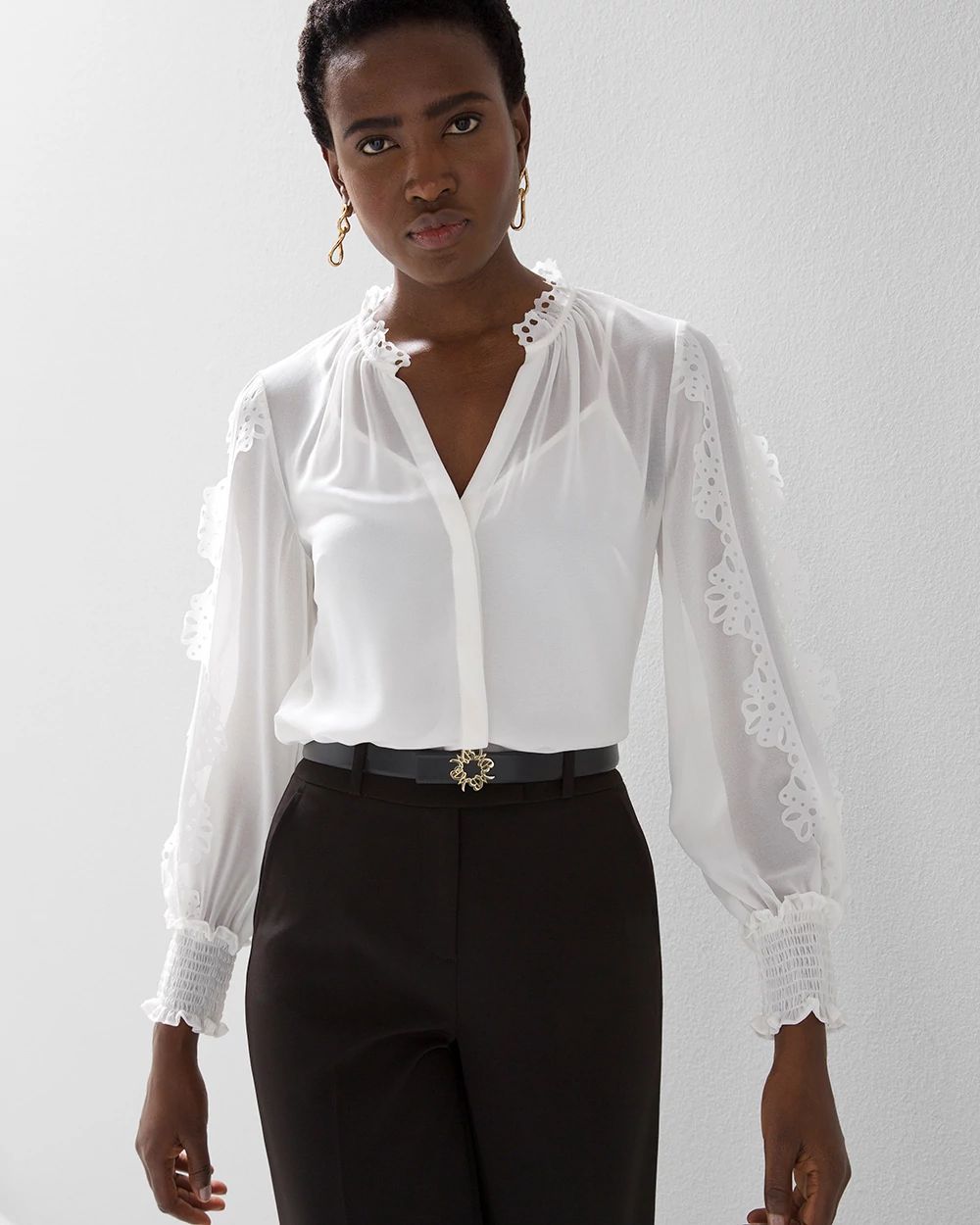 Laser Cut Ruffle Sleeve Blouse