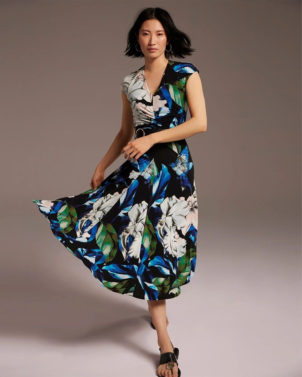 Cap Sleeve Matte Jersey Shirred Midi Dress