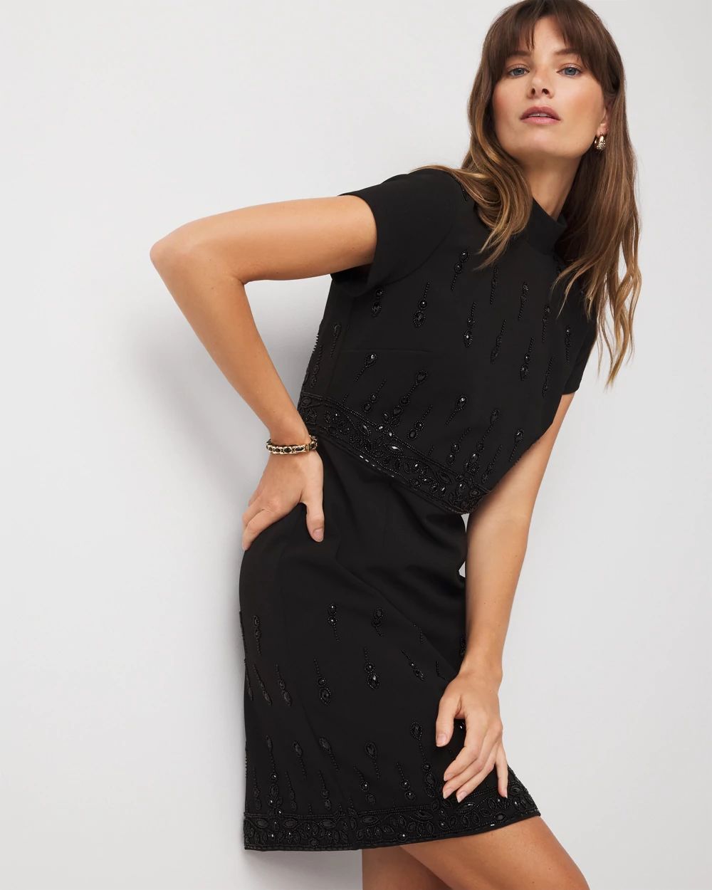 Petite Mockneck Embellished Crepe Dress