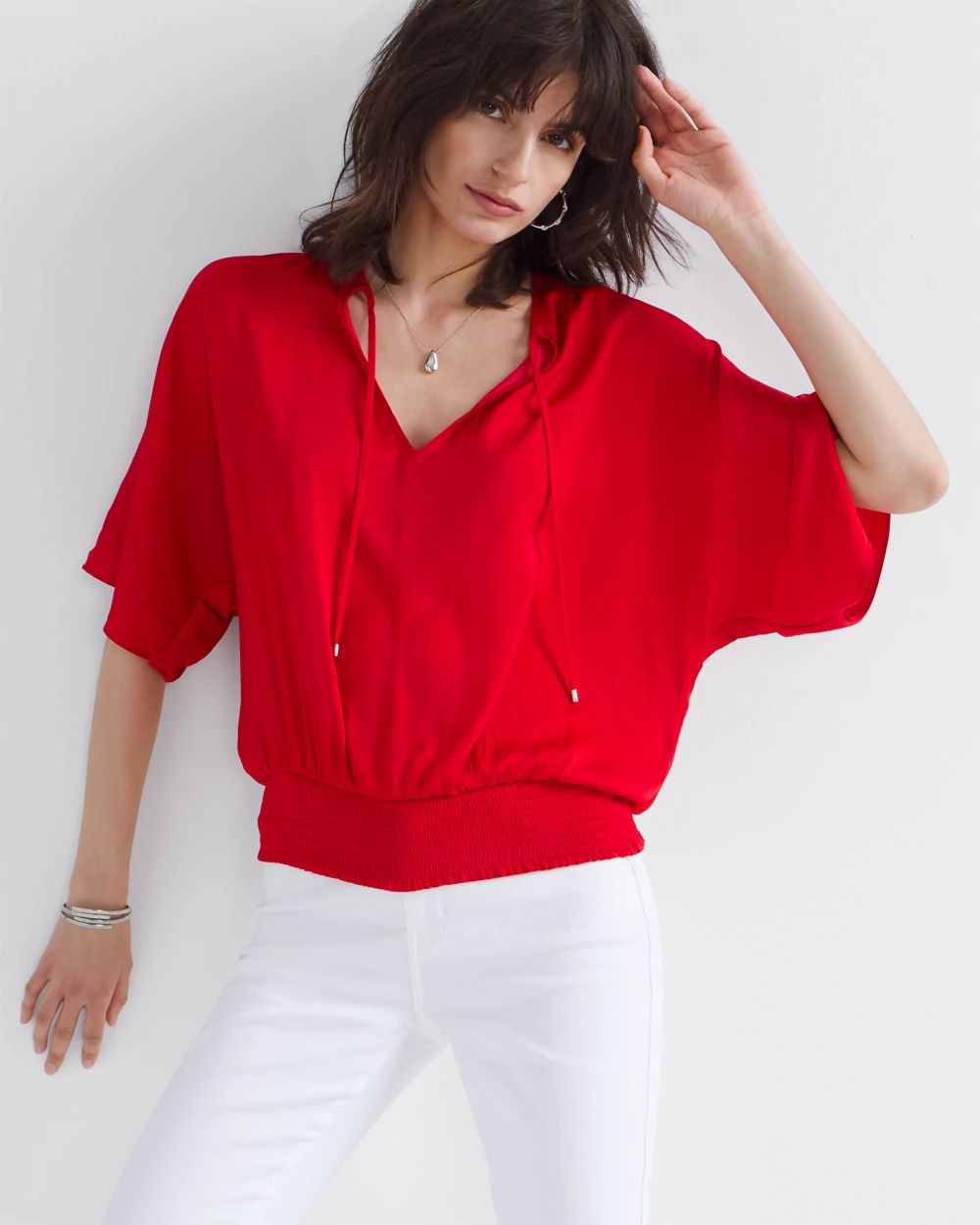 Elbow-Sleeve Smocked Bottom Kimono