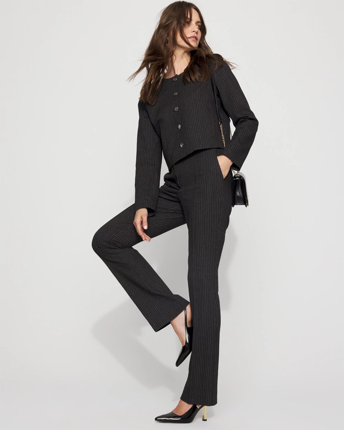 White House Black Market Collarless Button Front Jacket In Black