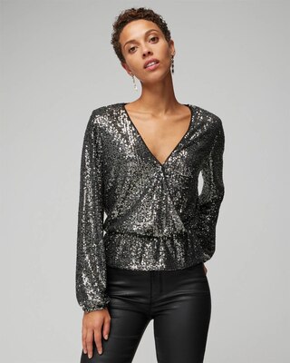 Long Sleeve Sequin Surplice Top
