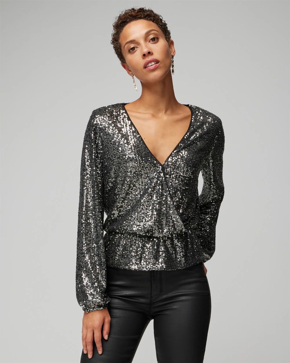 Long Sleeve Sequin Surplice Top