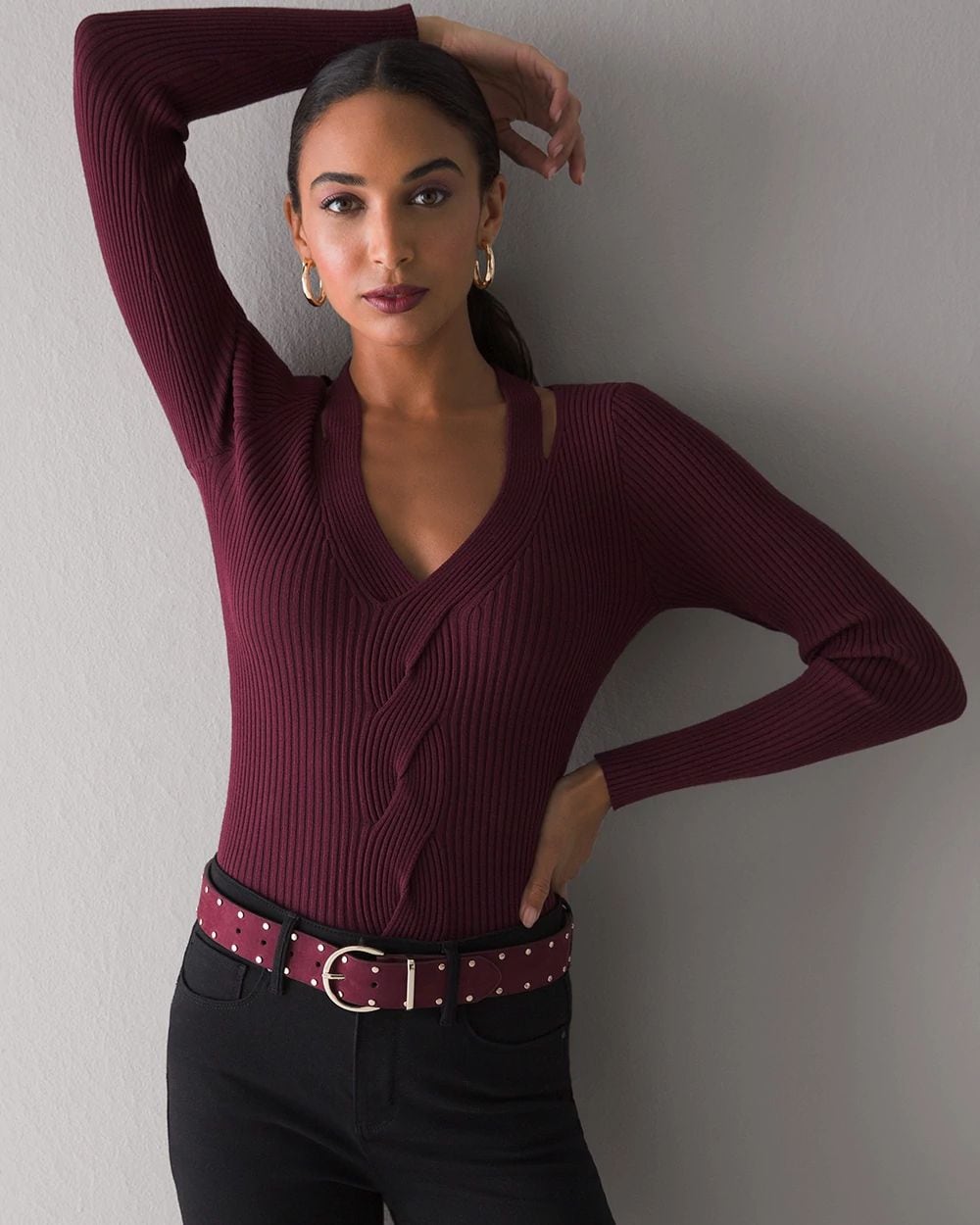 Long Sleeve Twist Neck Cable Pullover click to view larger image.