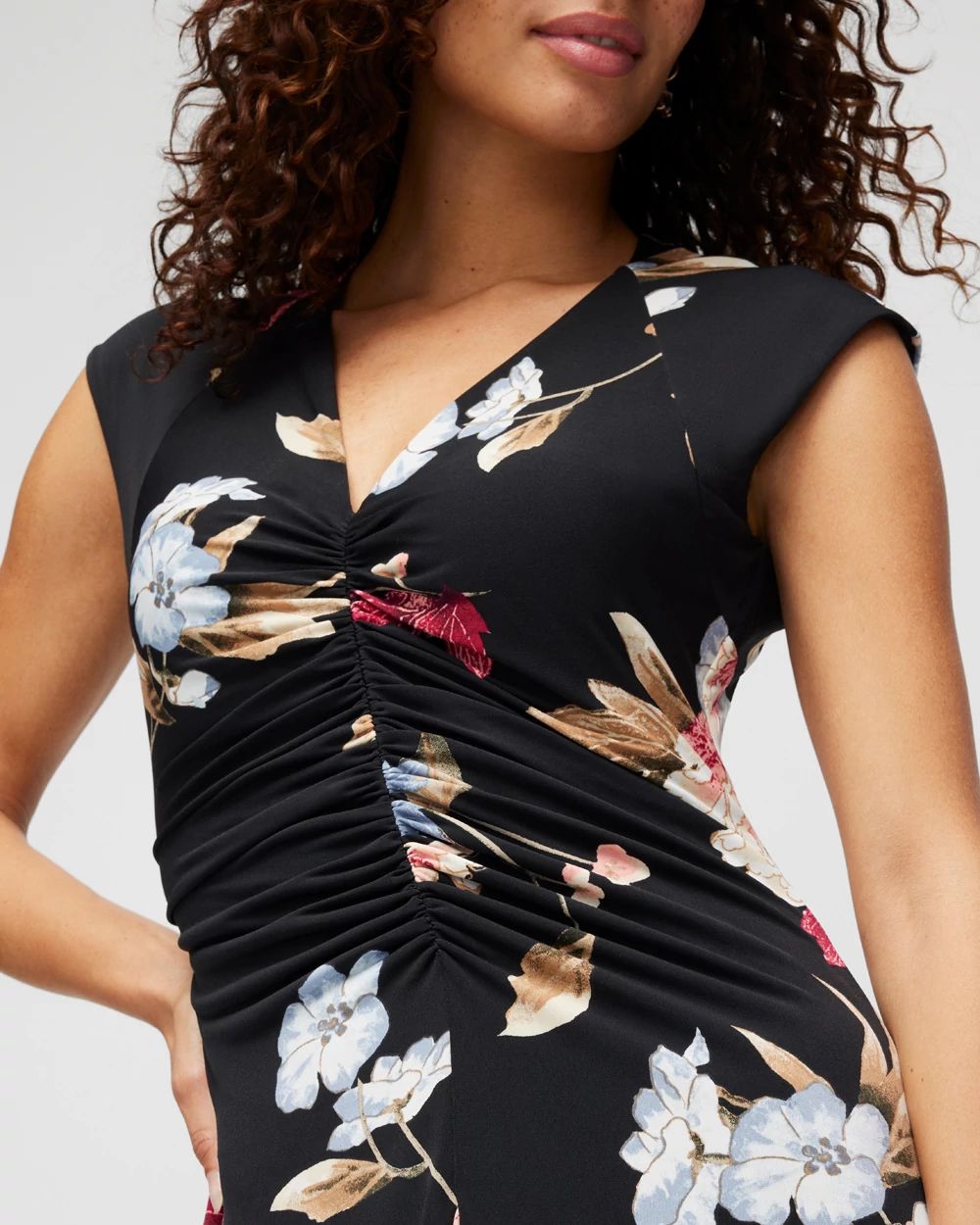 Cap Sleeve Matte Jersey Shirred Midi Dress