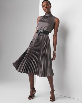 Tie-Neck Pleated Midi Dress