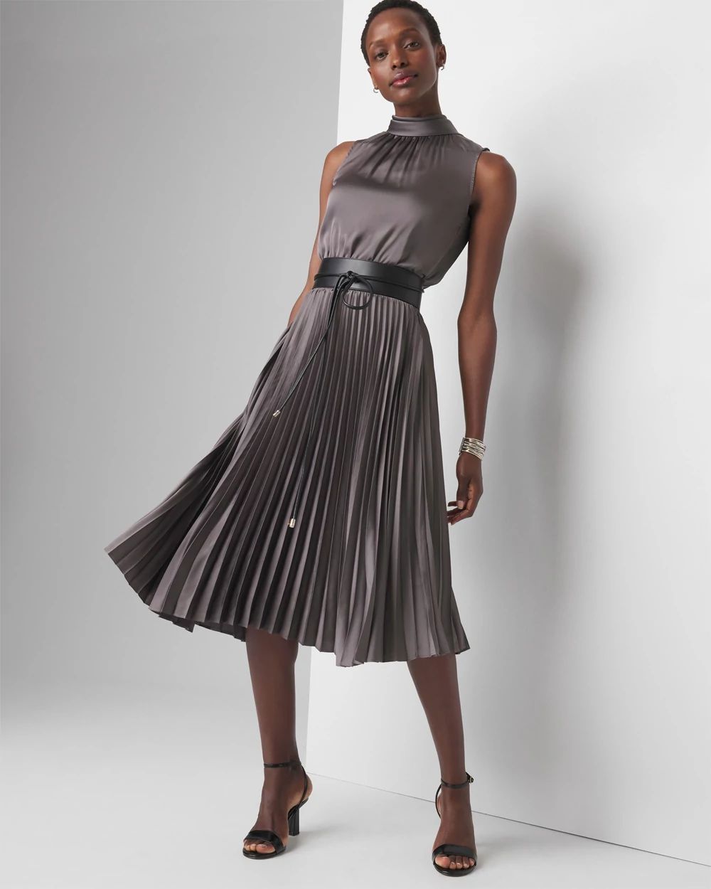 Tie-Neck Pleated Midi Dress