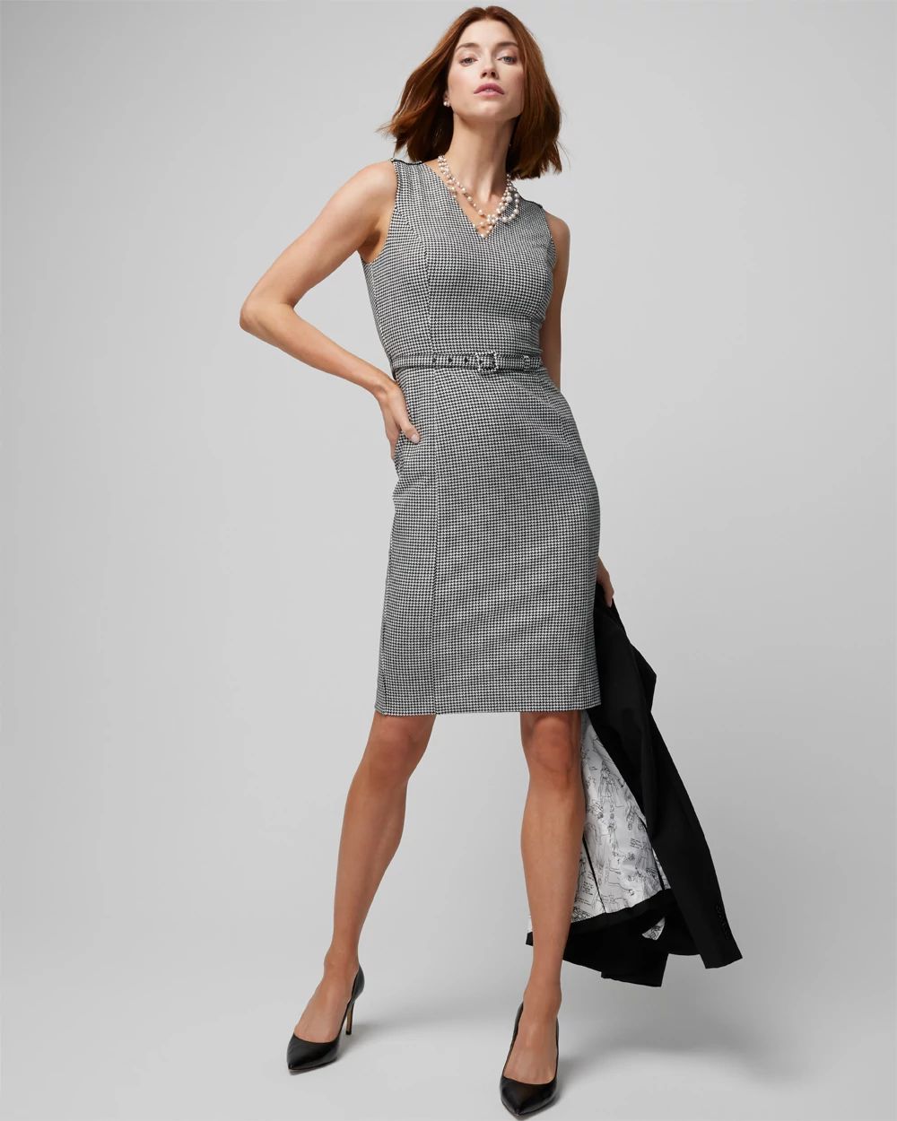 Sleeveless V-Neck Belted Work Sheath Dress
