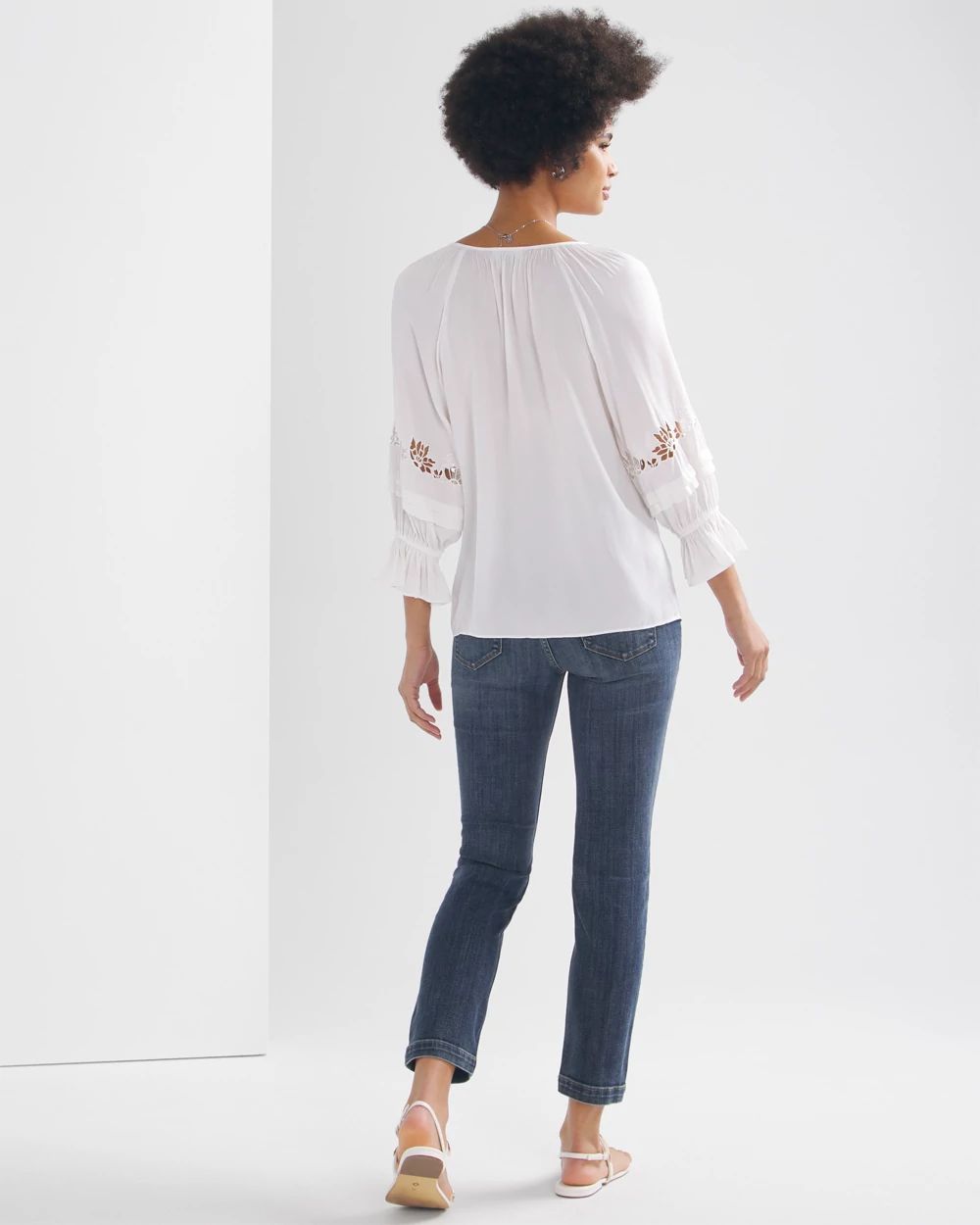 Elbow-Sleeve Embroidered Detail Blouse