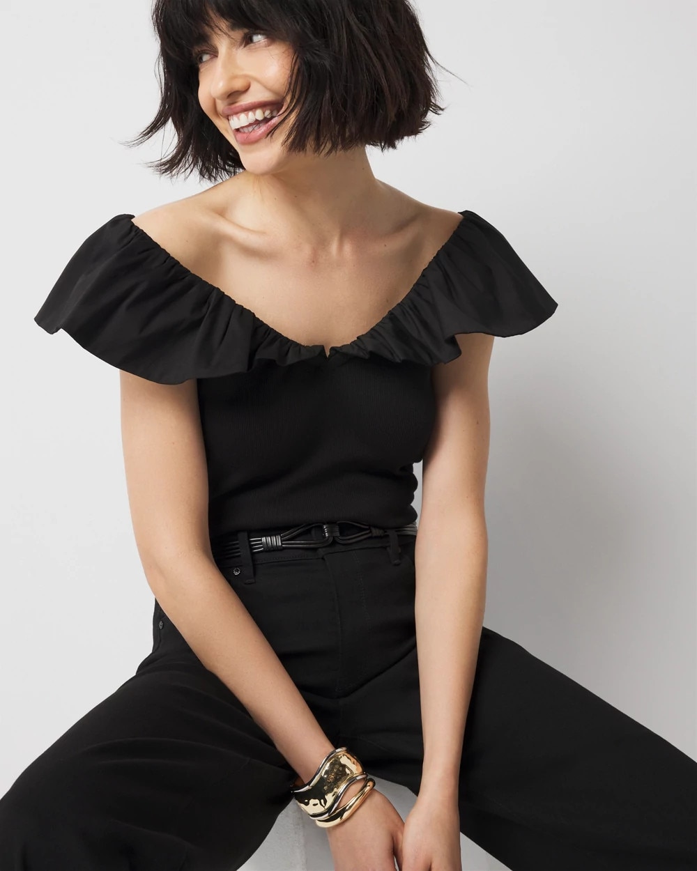 Ruffle Poplin Knit Top - image 1