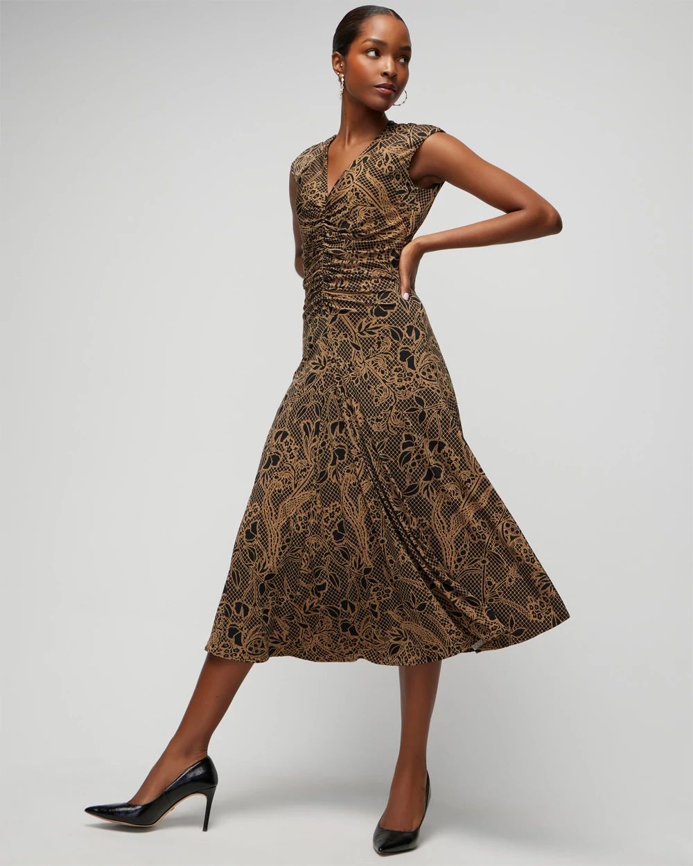 Cap Sleeve Matte Jersey Shirred Midi Dress