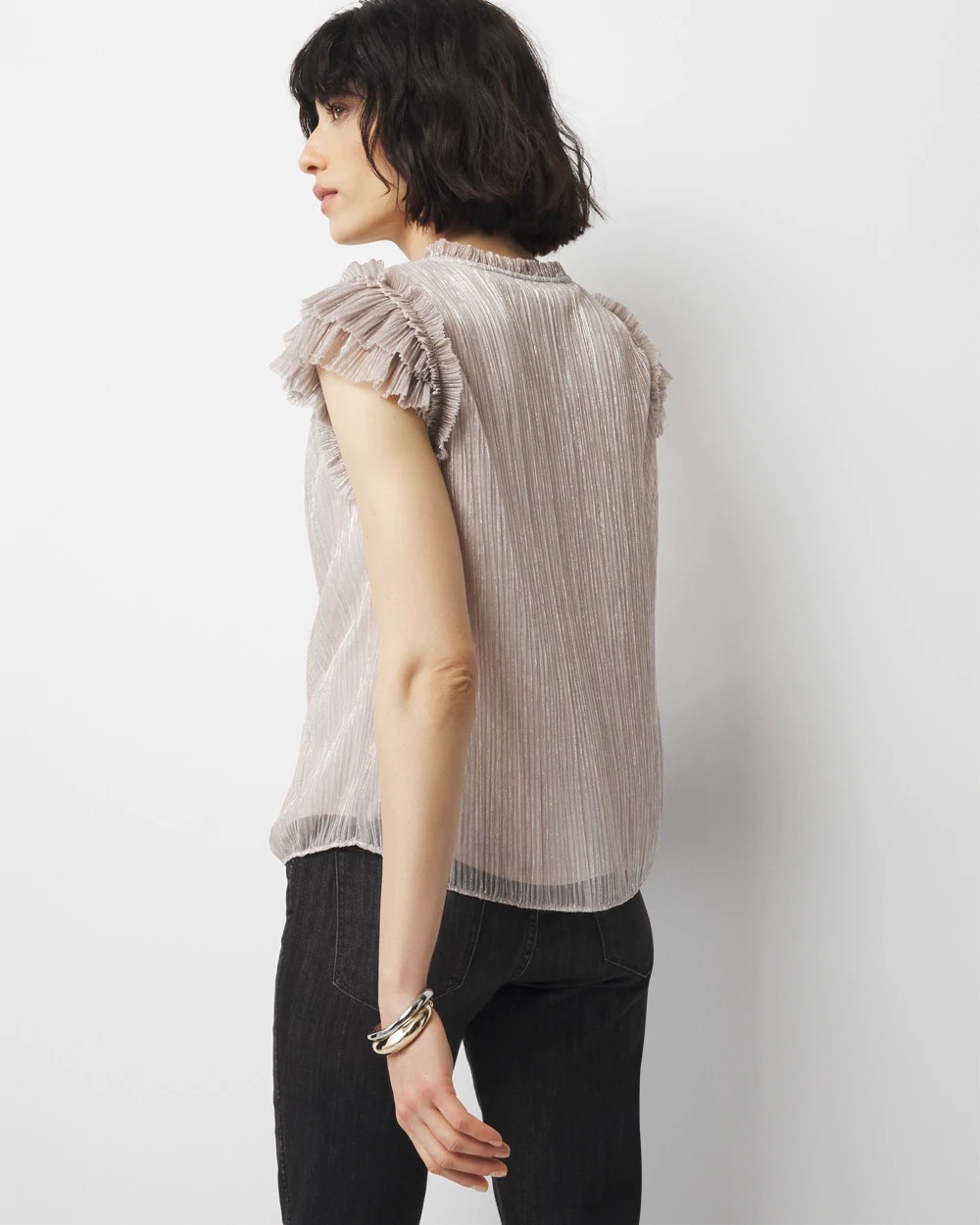 Petite Ruffle Tie-Neck Shimmer Top