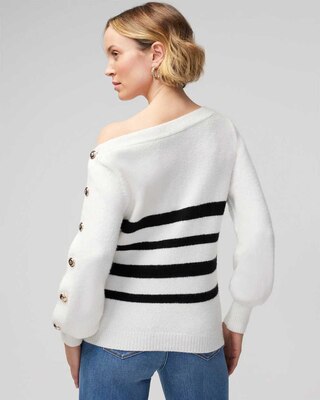 Stripe Asymmetrical Button Pullover Sweater click to view larger image.