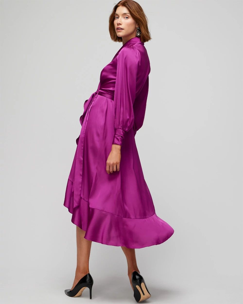Petite Long Sleeve Satin Ruffle Wrap Dress click to view larger image.