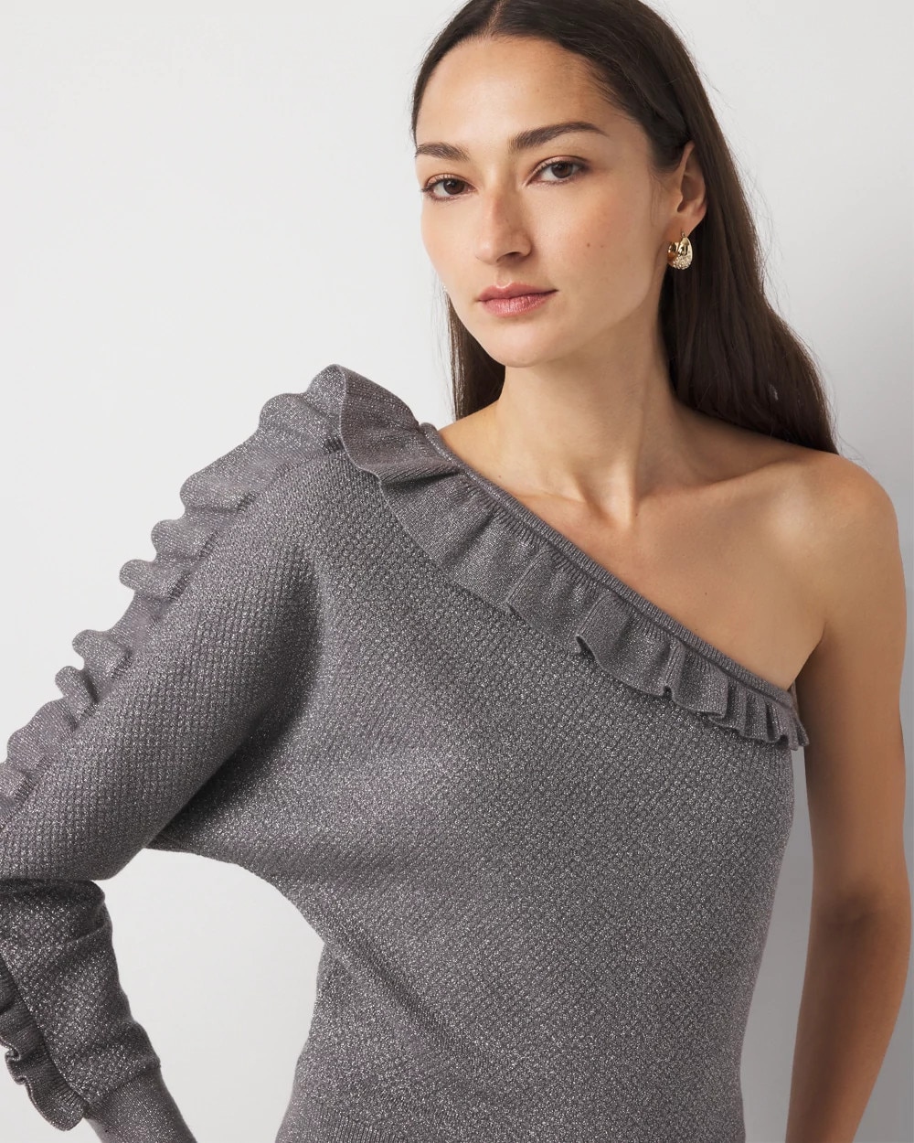 Metallic Ruffle One-Shoulder Sweater