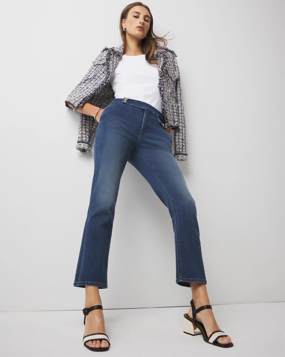 High-Rise Tab Detail Kick Flare Cropped Jean