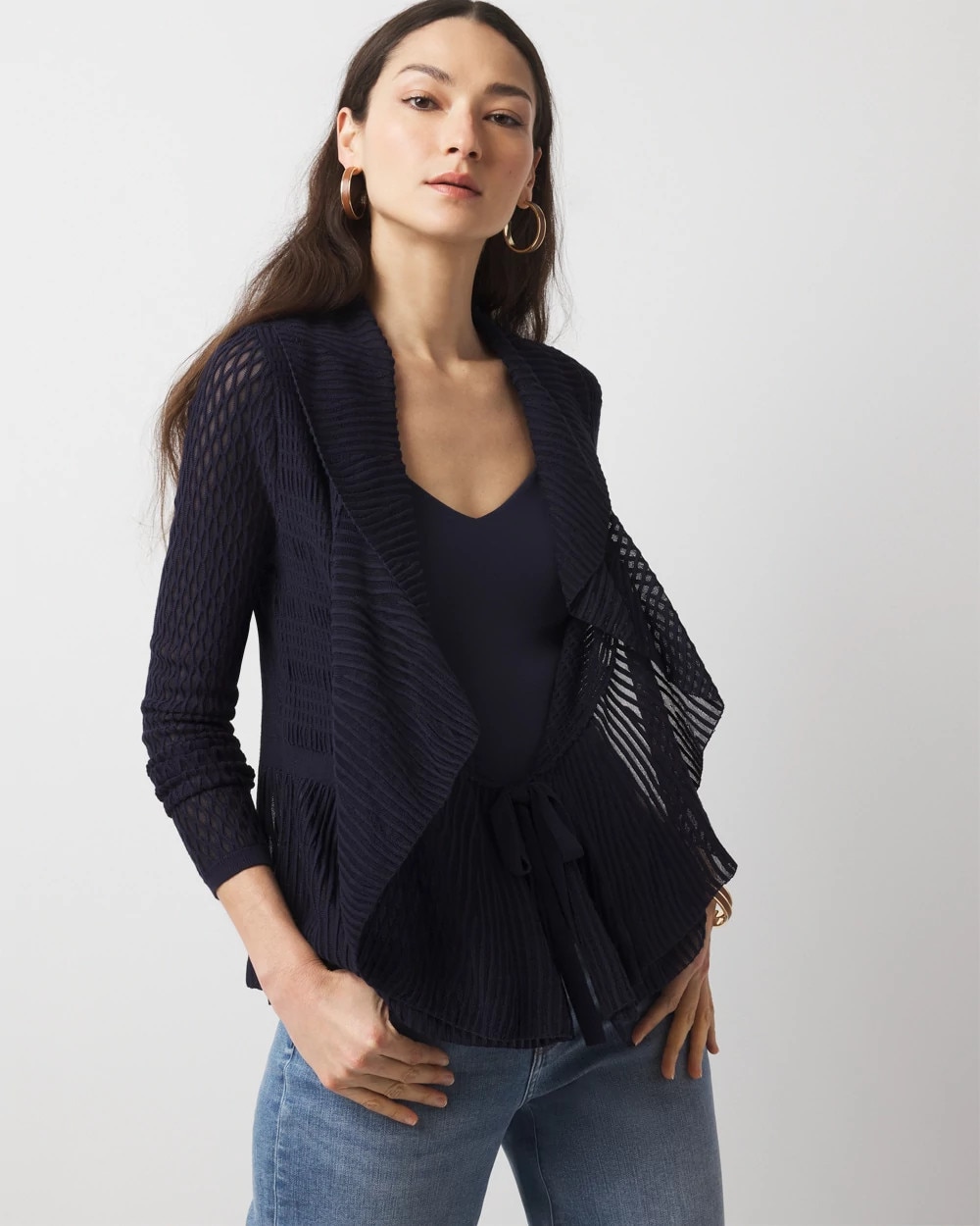 Petite Long Sleeve Pointelle Peplum Cardigan