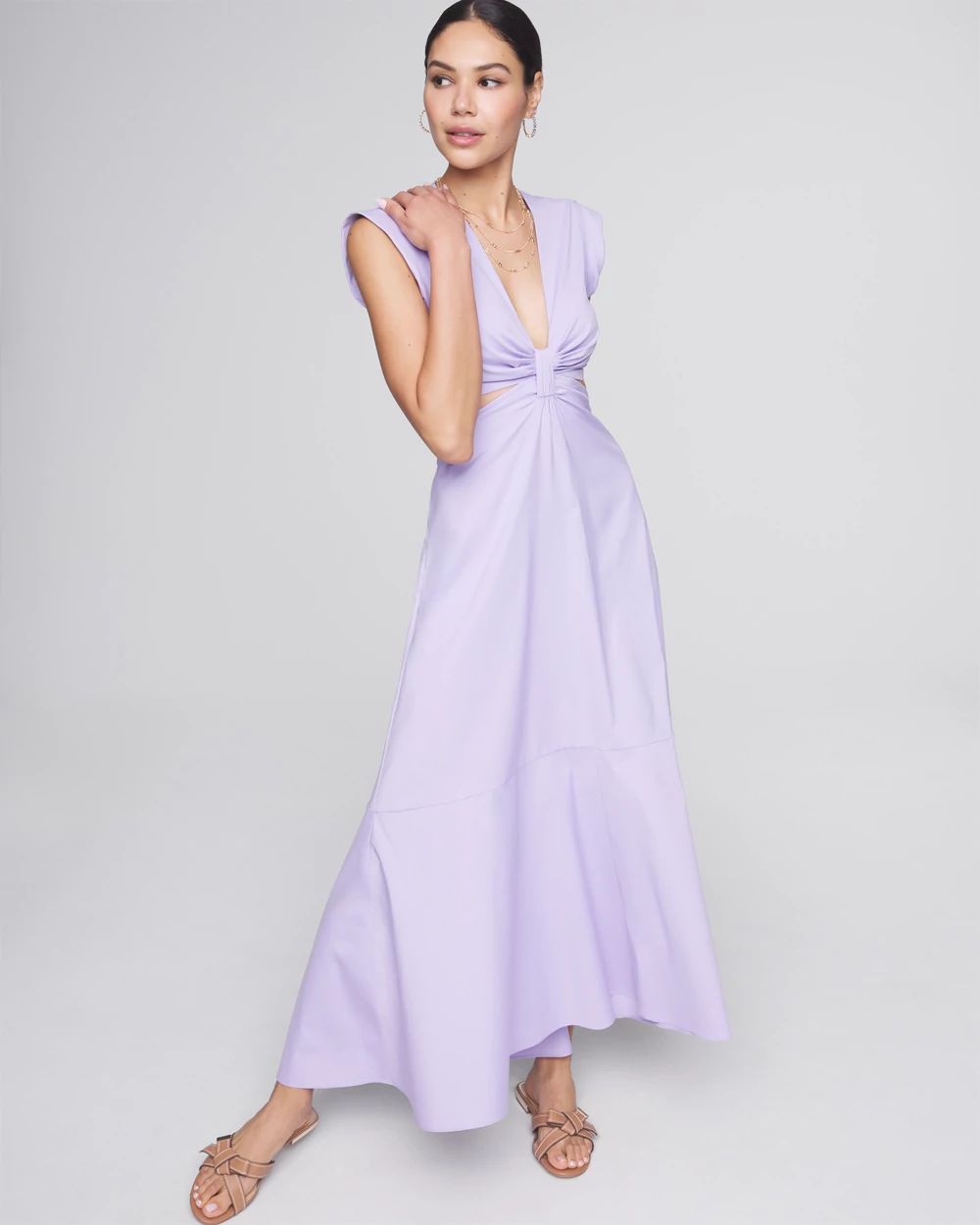 Cap Sleeve V-Neck Cutout Midi Dress