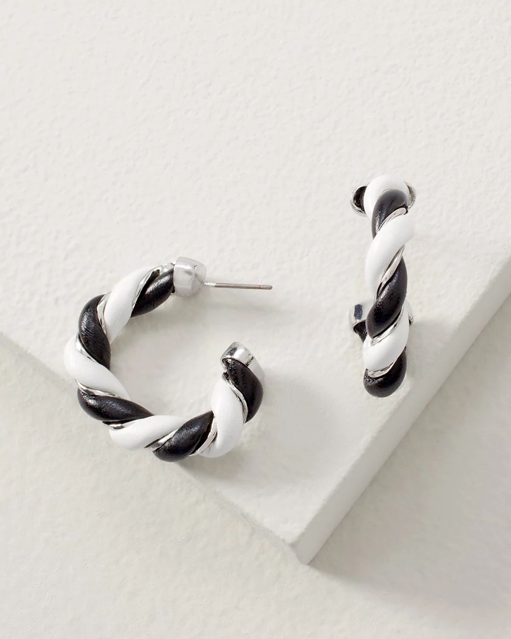 White & Black Vegan Leather Twisted Hoops click to view larger image.