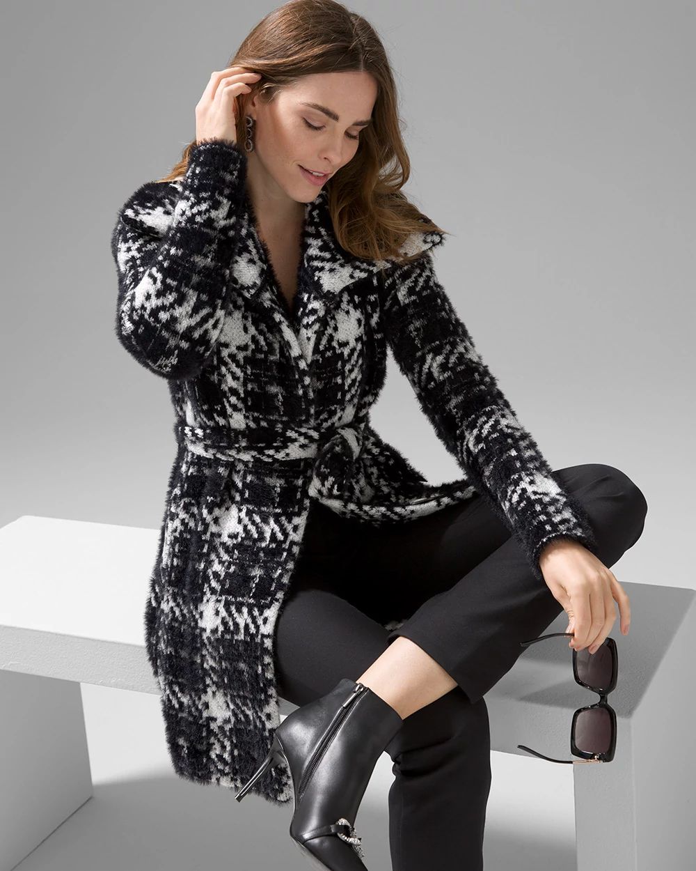 Black & White Plaid Sweater Coat
