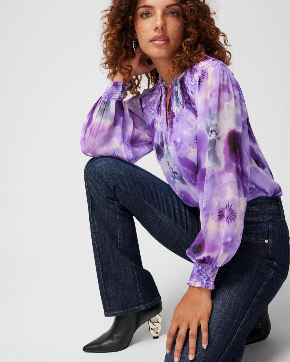 Long Sleeve Smocked Printed Blouse