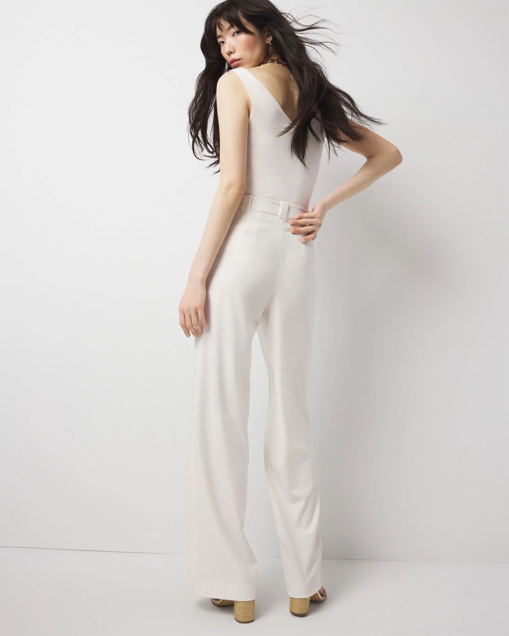 Petite Pinstripe Button-Tab Wide Leg Trouser