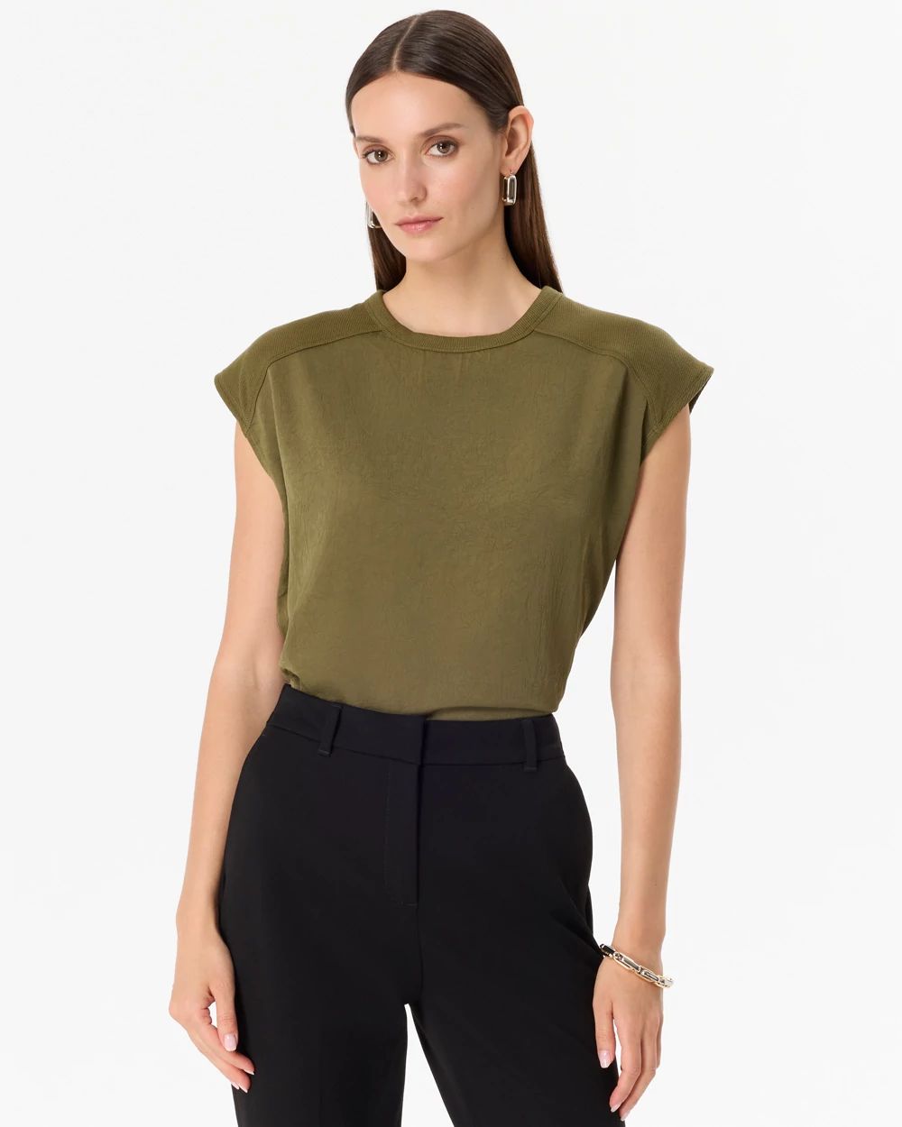 Ribbed Trim Satin Tee
