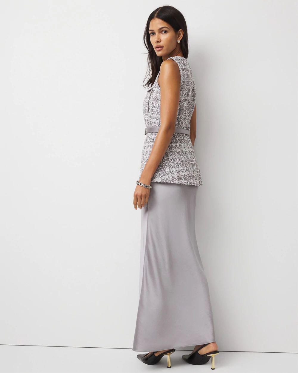 Tweed Vest + Satin Maxi Skirt