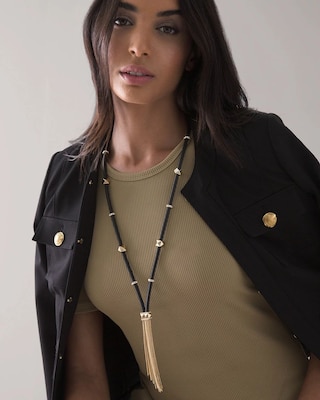 Goldtone & Black Leather Tassel Necklace