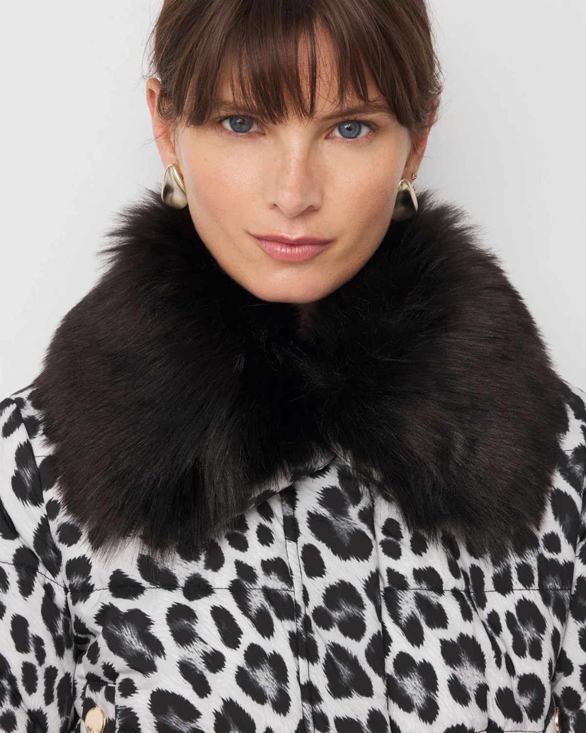 White House Black Market Faux Fur Collar Leopard Puffer Jacket
