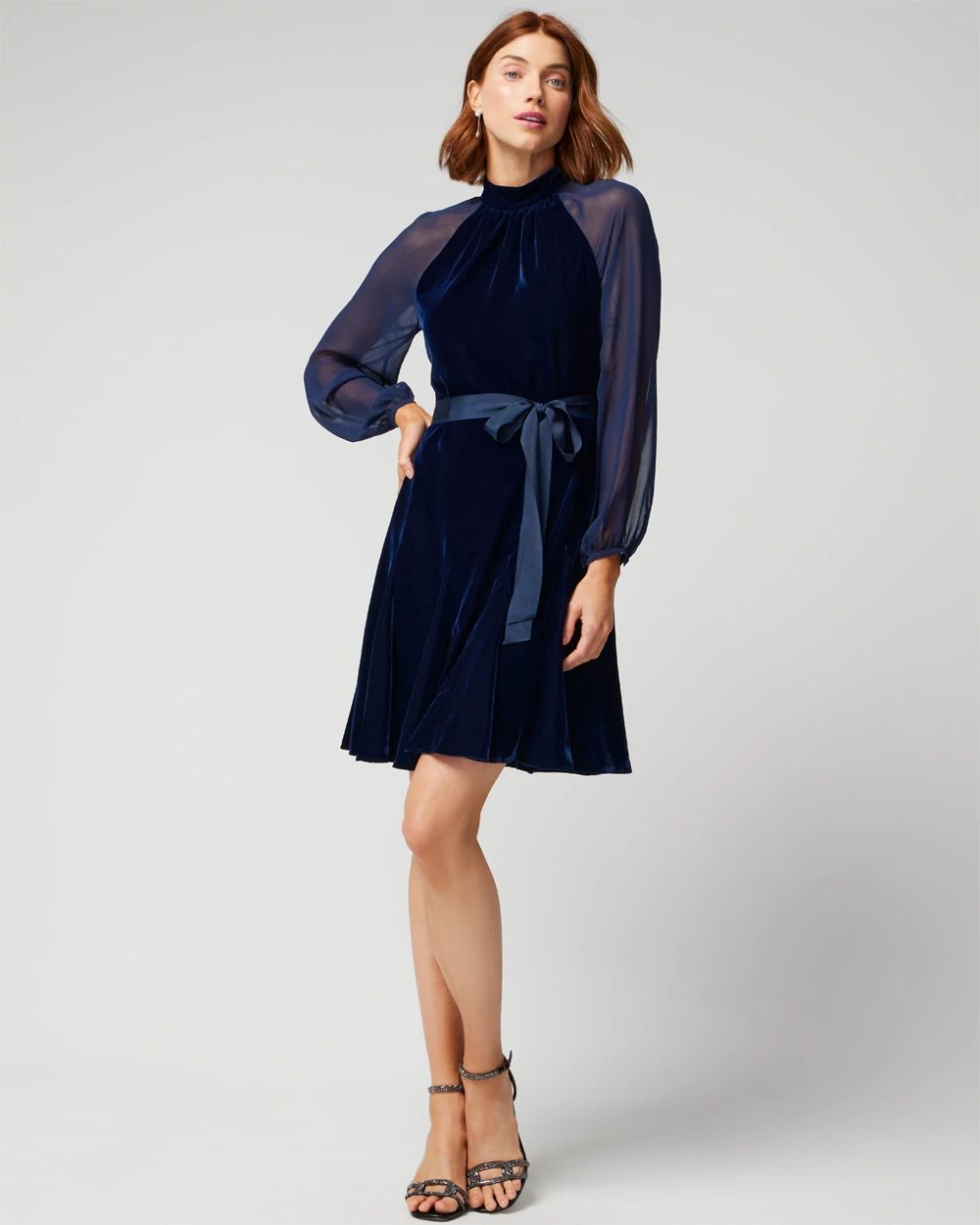 Petite Long Sleeve Sheer Sleeveless Velvet Mini Dress