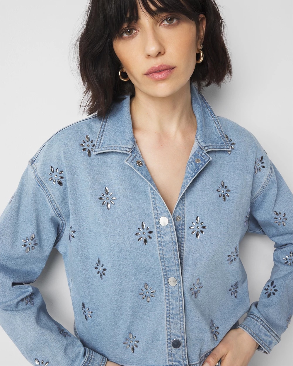 Petite Embellished Denim Shacket