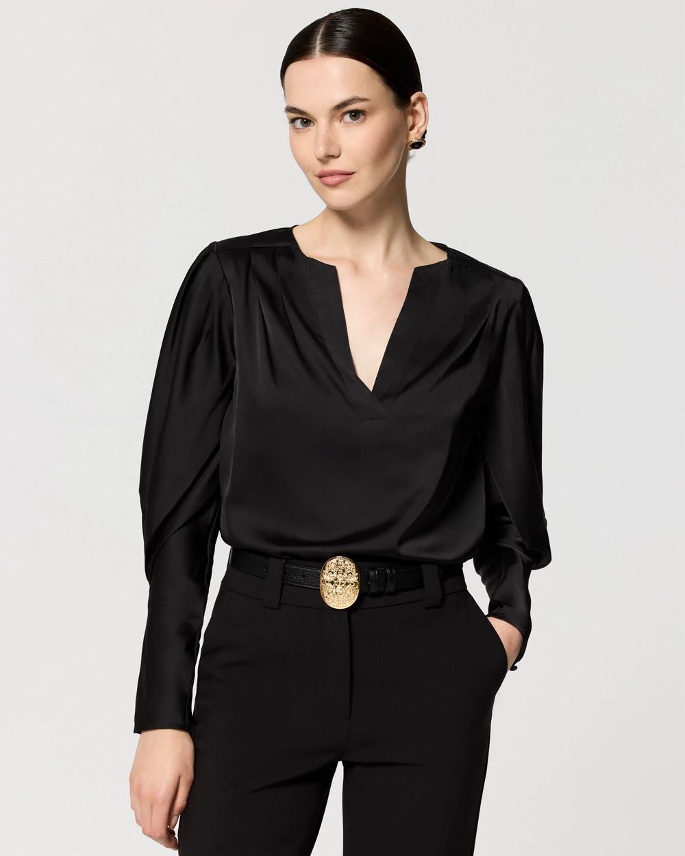 Pleated Sleeve Satin Blouse