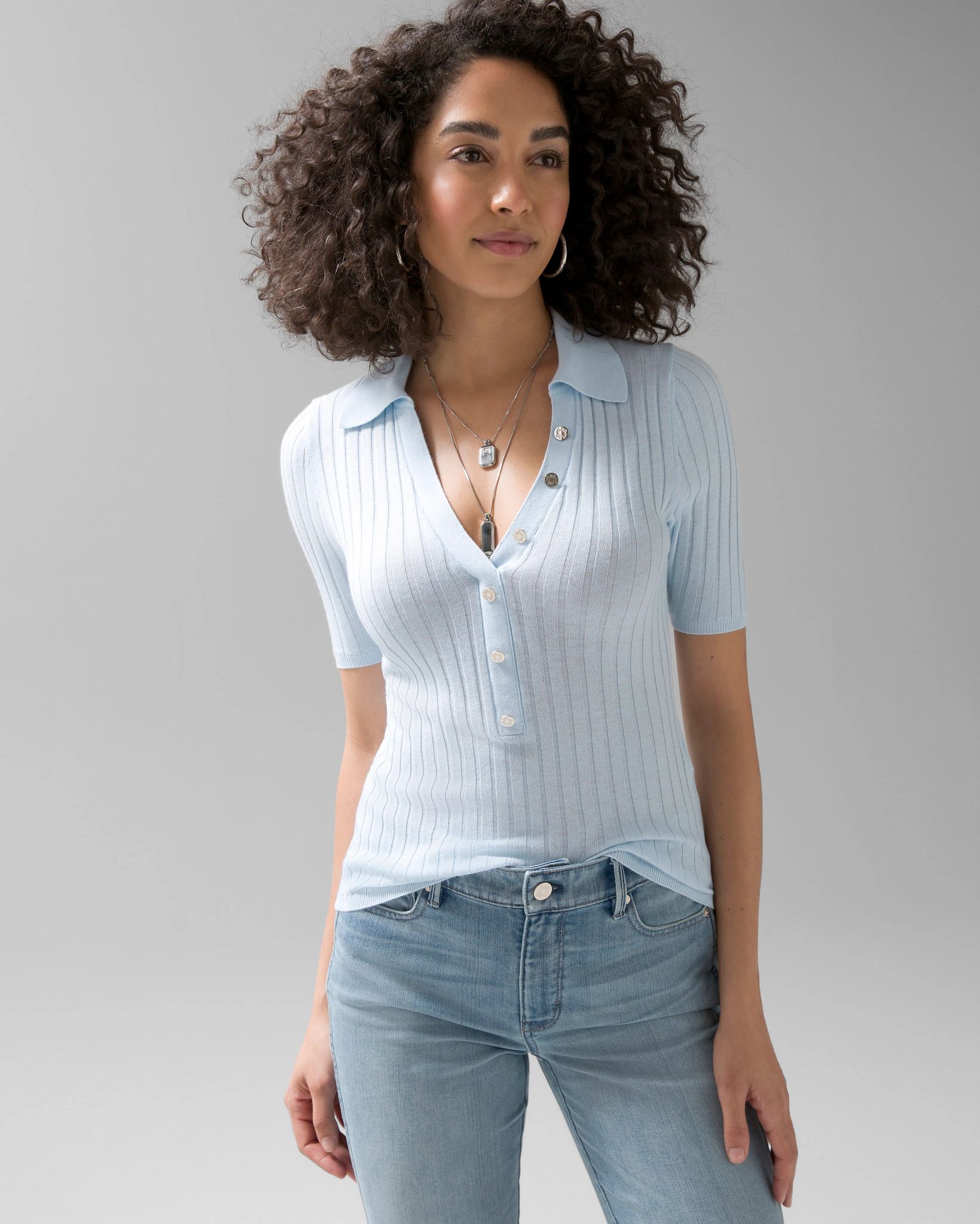 Cashmere-Blend Button Polo Sweater