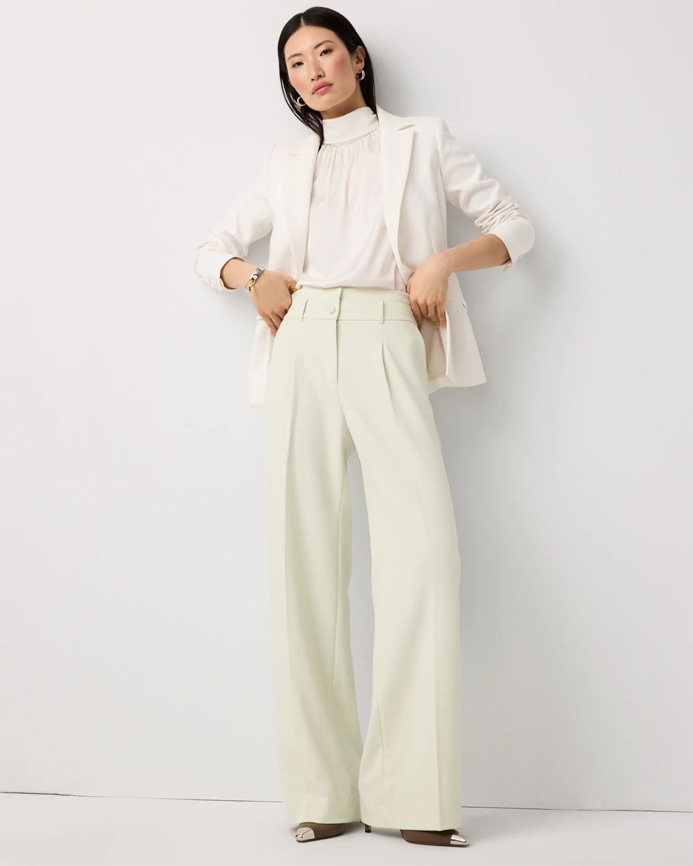 Petite Double Waistband High Rise Wide Leg Pant