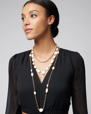 Goldtone + White Stone Multi-Strand Necklace