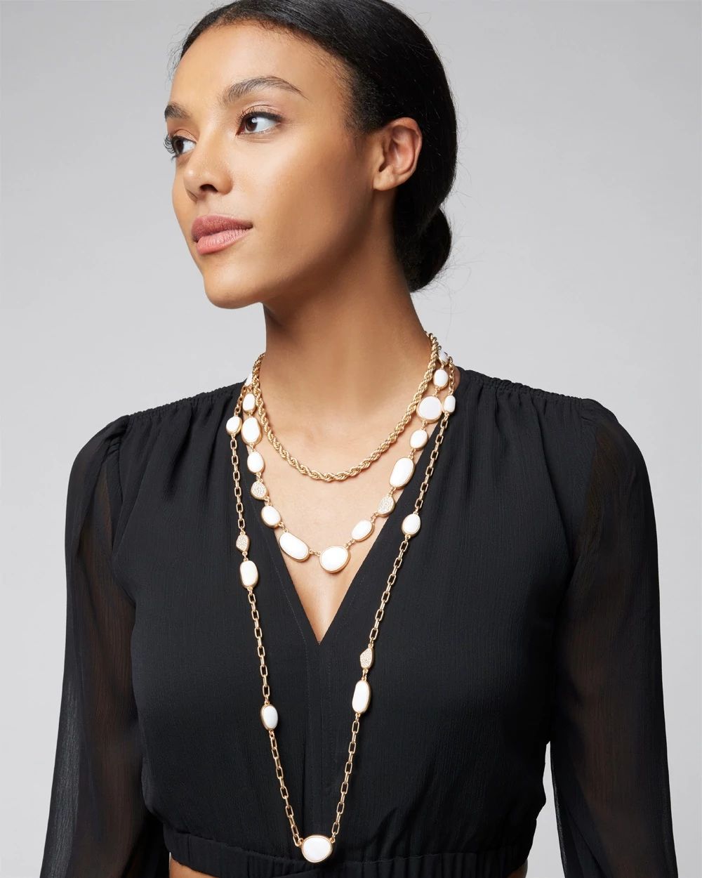 Goldtone + White Stone Multi-Strand Necklace