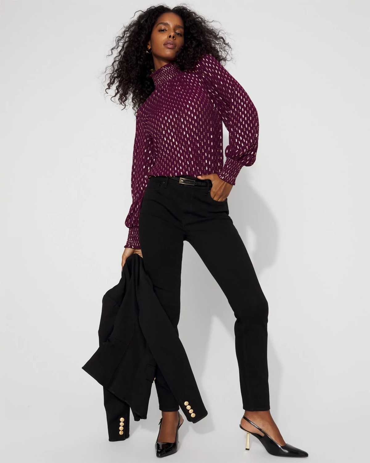 White House Black Market Jacquard + Gold Clip Mock Neck Blouse In Purple