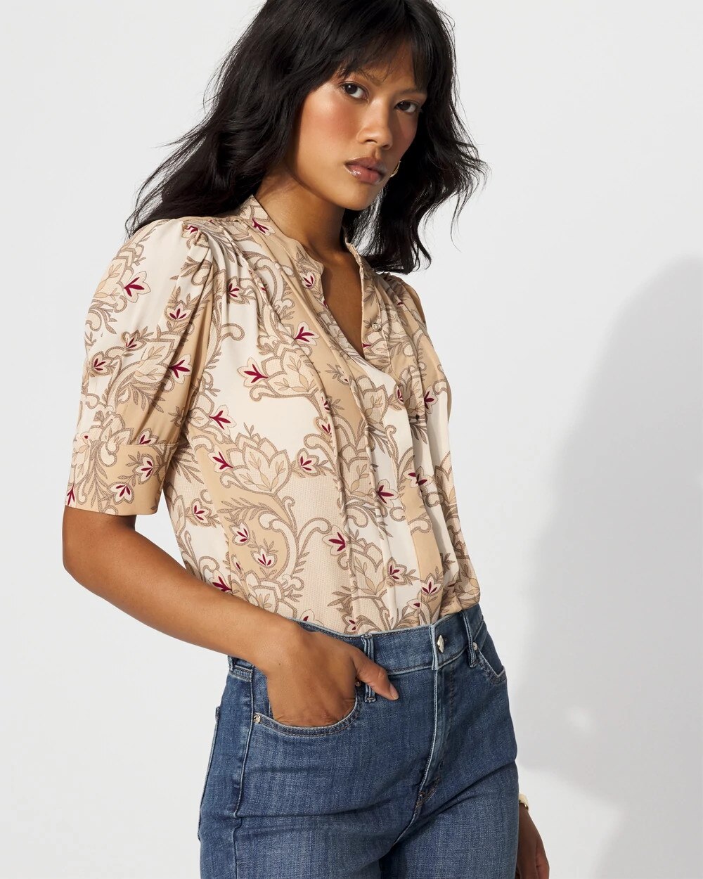 Elbow Sleeve Y-Neck Shirt