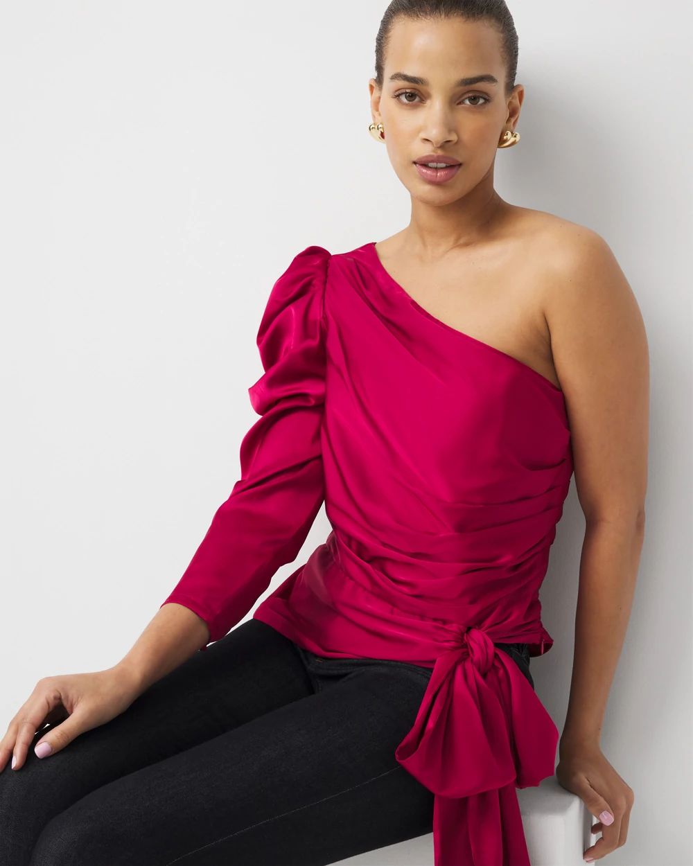 One-Shoulder Tie-Waist Satin Blouse