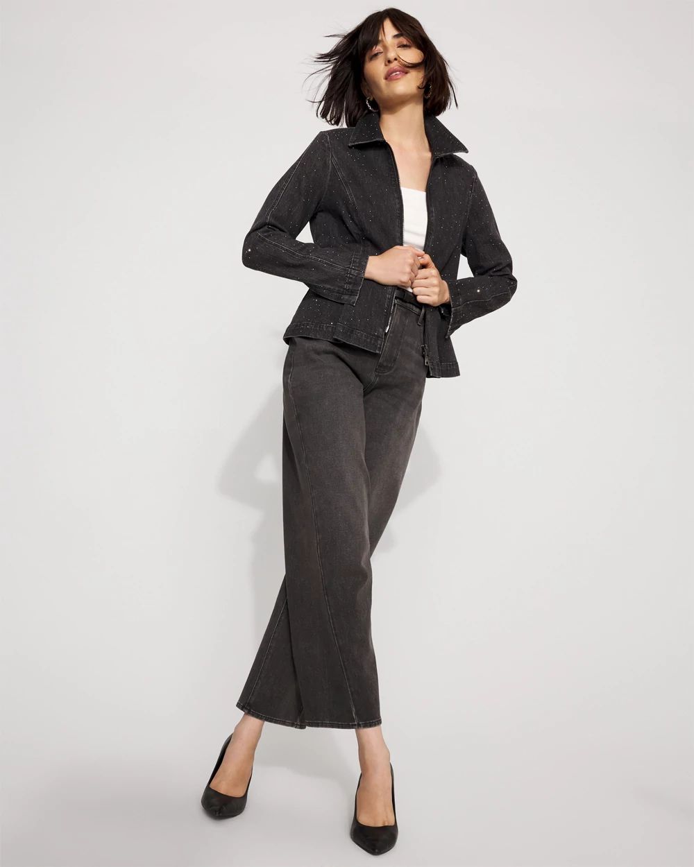 Rhinestone Peplum Denim Jacket click to view larger image.