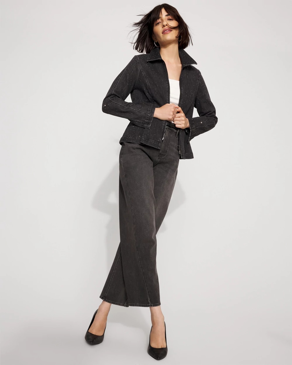 White House Black Market Petite Rhinestone Peplum Denim Jacket