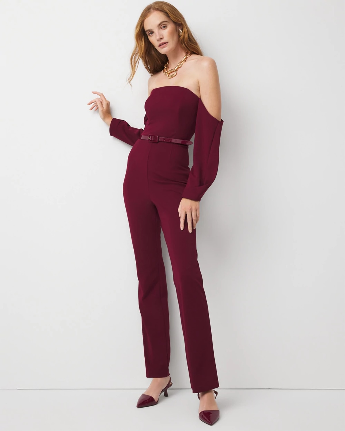 White House Black Market Petite Off-the-shoulder Drape Sleeve Jumpsuit In Red